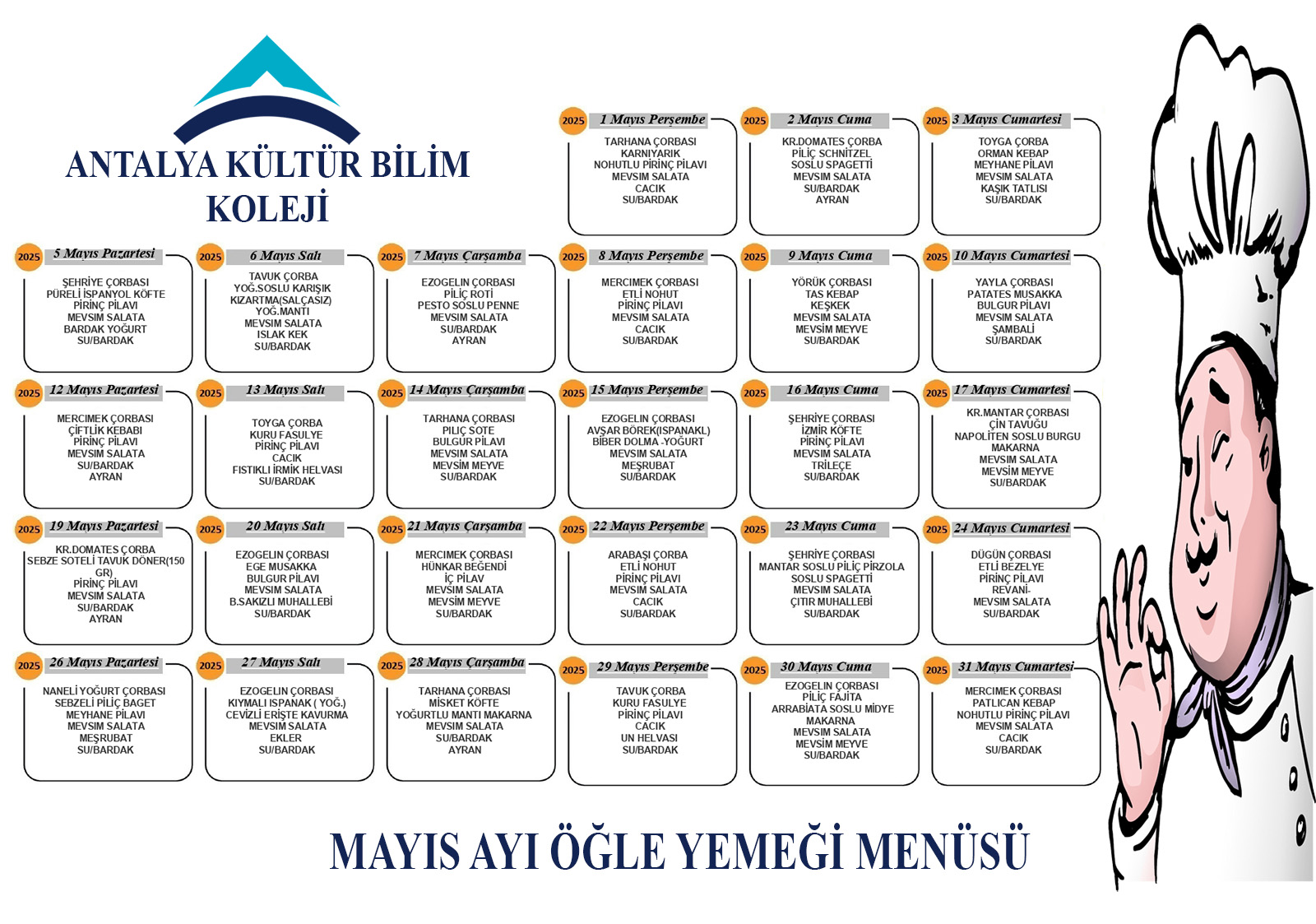 Mayıs Ayı Öğle Yemeği Menüsü